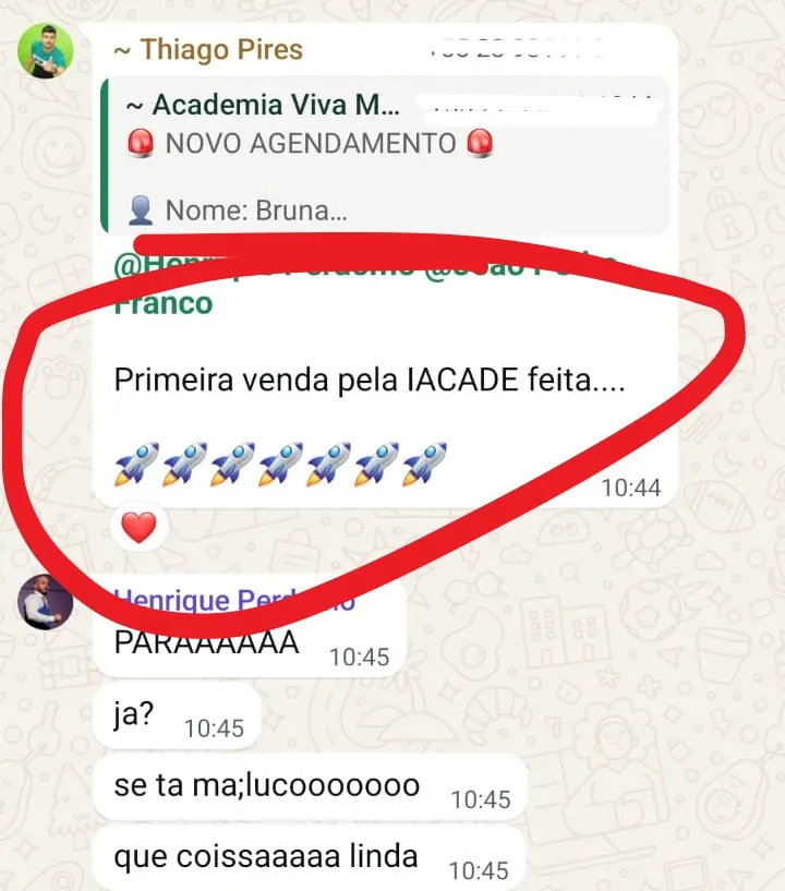 Print de mensagem de Thiago Pires, Academia Viva Mais: O primeiro plano vendido em 48 horas de I.A. funcionando.