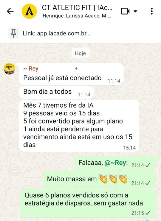 Print de mensagem de Rey, CT Atletic Fit: 5 planos vendidos sem colocar um real em tráfego.